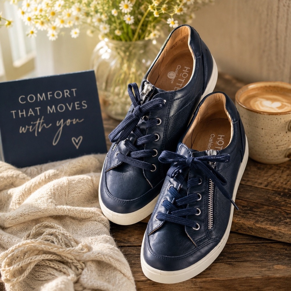 Hotter Chase II Deck Shoes Navy Leather Zip Lace Up Cushion+ Sneakers UK 7.5